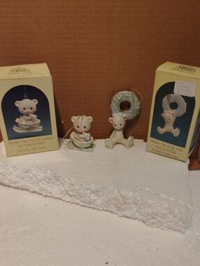 Precious Moments Mint and Cream Porcelain Bear Ornaments Set